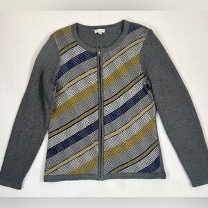 TALBOTS Petites Women's 100% Cotton Striped Front Zip Scoop Neck Cardigan Size P